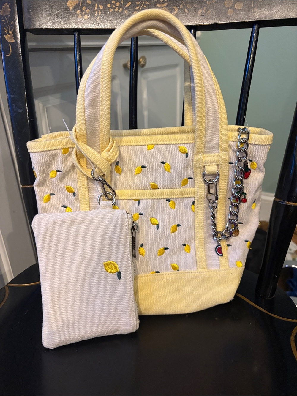 Madden Girl Yellow Lemon Canvas Crossbody Tote with Pouch, Bag Charm